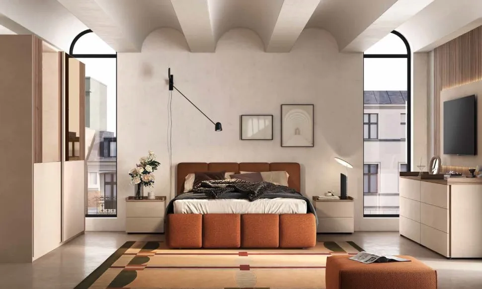 Camera matrimoniale moderna con armadio scorrevole e Letto imbottito finitura Cashmere e Noce