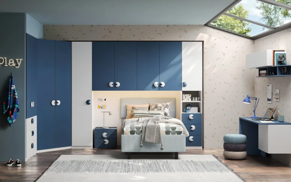 Cameretta angolare a ponte Deep Navy Bianco opaco e Blu Navy