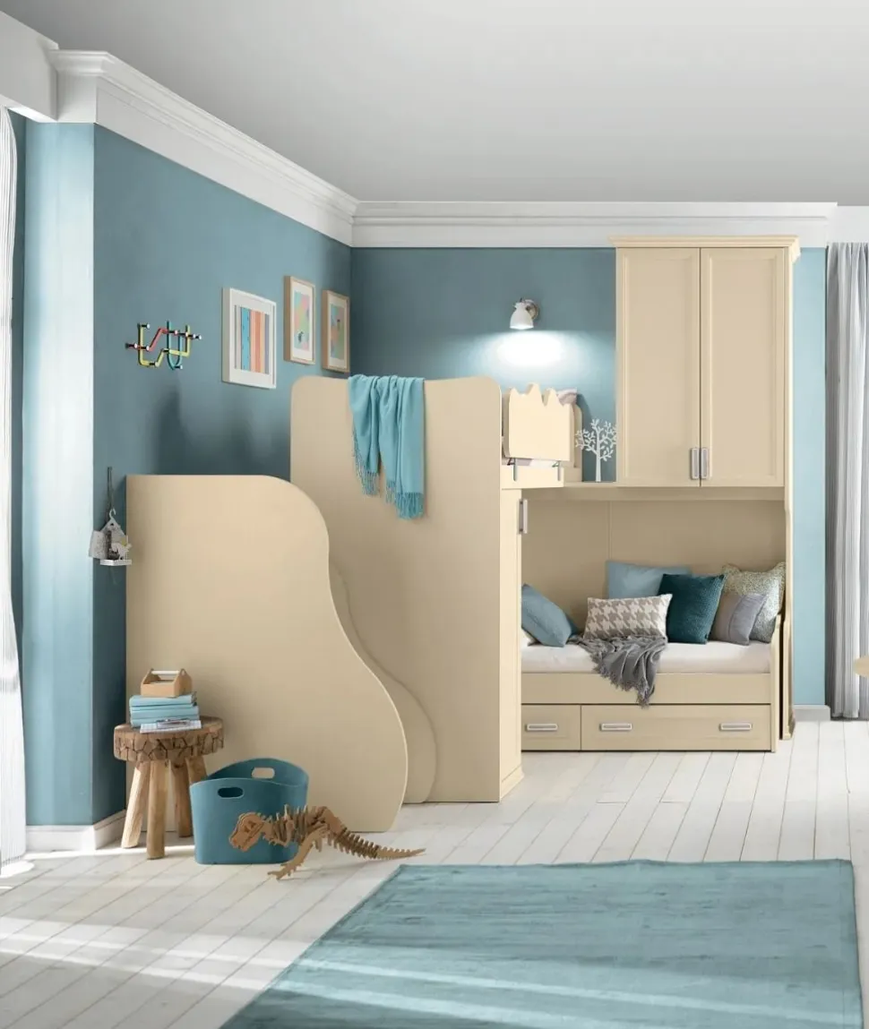 Cameretta angolare a soppalco Nina linea Omega disponibile in vari colori