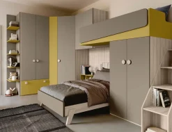 Cameretta angolare con letto a soppalco Giallo senape, Olmo natura e Visone disponibile in 2 misure