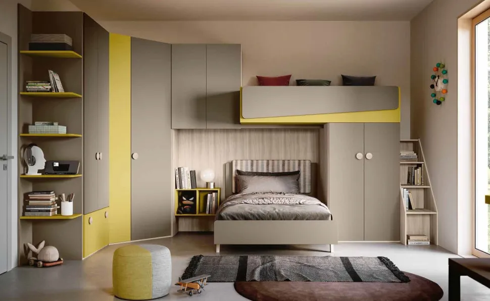 Cameretta angolare con letto a soppalco Giallo senape, Olmo natura e Visone disponibile in 2 misure