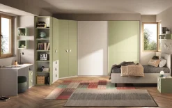 Cameretta angolare moderna con armadio scorrevole e battente Bianco opaco e Verde Pistacchio