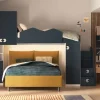Cameretta angolare salvaspazio con letto a soppalco Bianco Opaco e Blu Navy