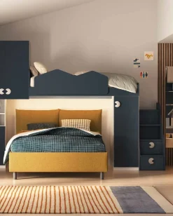 Cameretta angolare salvaspazio con letto a soppalco Bianco Opaco e Blu Navy