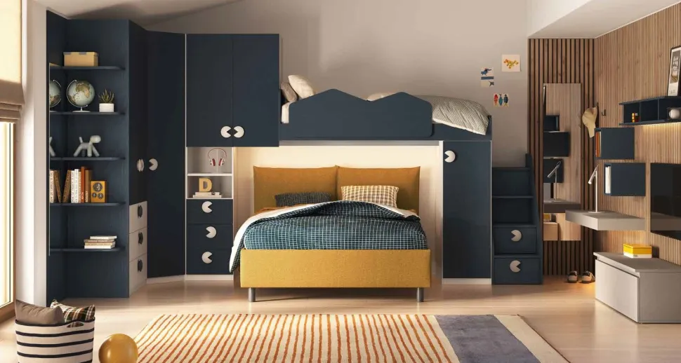 Cameretta angolare salvaspazio con letto a soppalco Bianco Opaco e Blu Navy