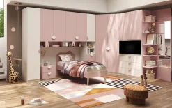 Cameretta a ponte angolare moderna con ante battenti Bianco opaco e Rosa