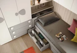 Cameretta a ponte angolare salvaspazio con letto contenitore in Bianco opaco e Grigio seta disponibile in 2 misure e vari colori