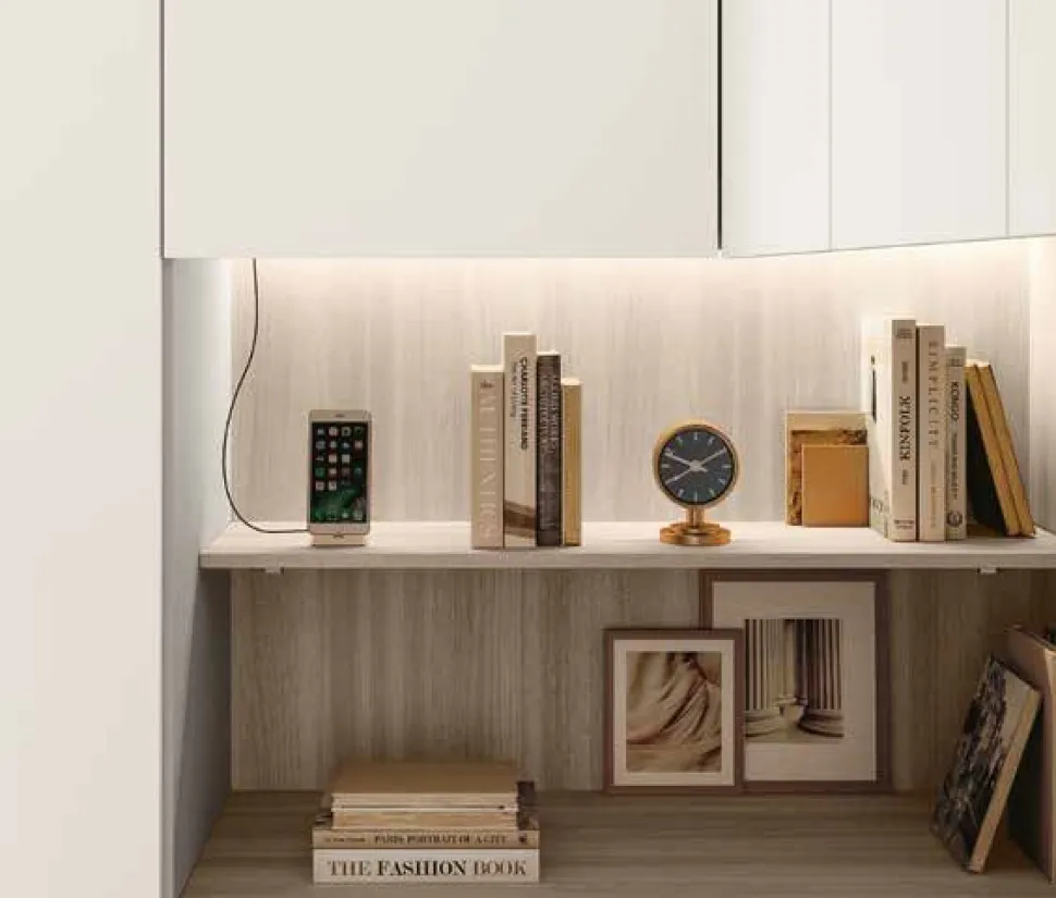 Cameretta a ponte angolare salvaspazio con letto contenitore in Bianco opaco e Grigio seta disponibile in 2 misure e vari colori