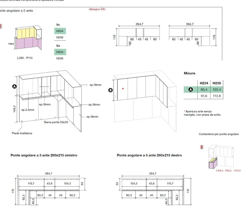 Cameretta a ponte angolare salvaspazio con letto contenitore in Bianco opaco e Grigio seta disponibile in 2 misure e vari colori