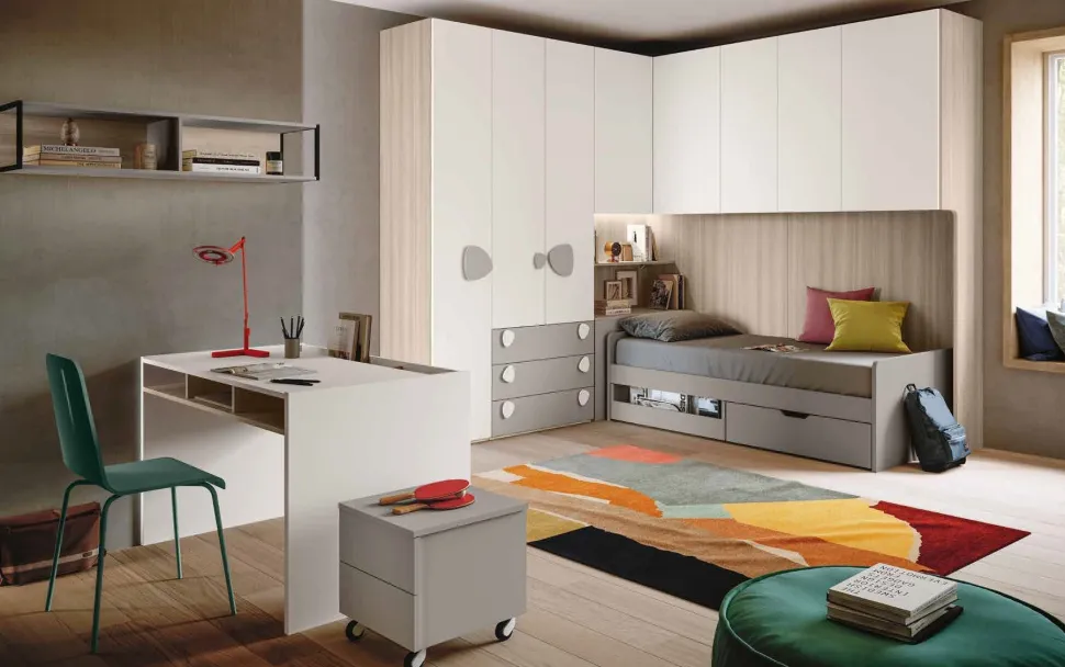 Cameretta a ponte angolare salvaspazio con letto contenitore in Bianco opaco e Grigio seta disponibile in 2 misure e vari colori