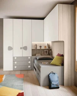 Cameretta a ponte angolare salvaspazio con letto contenitore in Bianco opaco e Grigio seta disponibile in 2 misure e vari colori