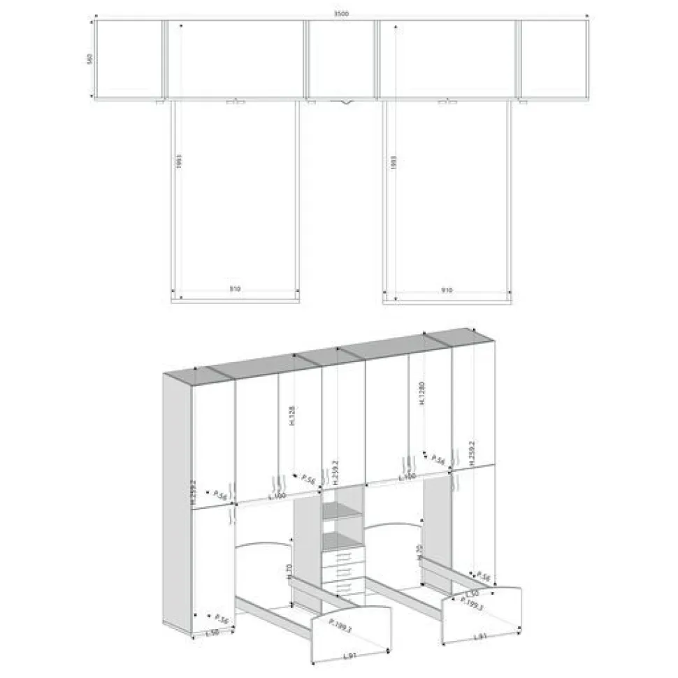 Cameretta a ponte doppia Frido linea Colorfull finitura Bianco e Avio