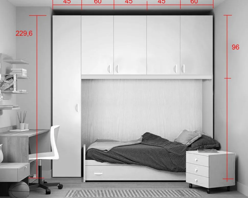 Cameretta a Ponte Moderna Componibile H 229cm (Colori, Altezze e Letto Personalizzabili)