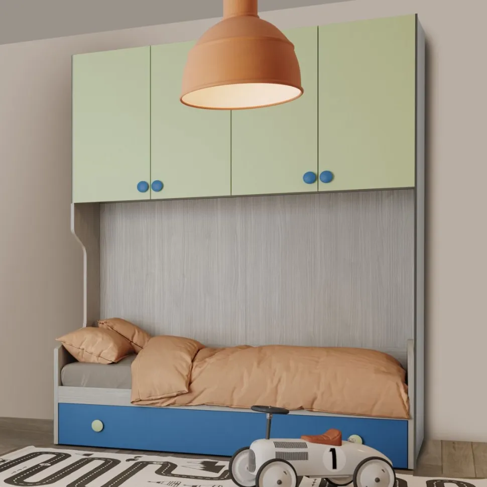 Cameretta a ponte SLIM , struttura Cenere Wood con frontali Sedano e Cielo