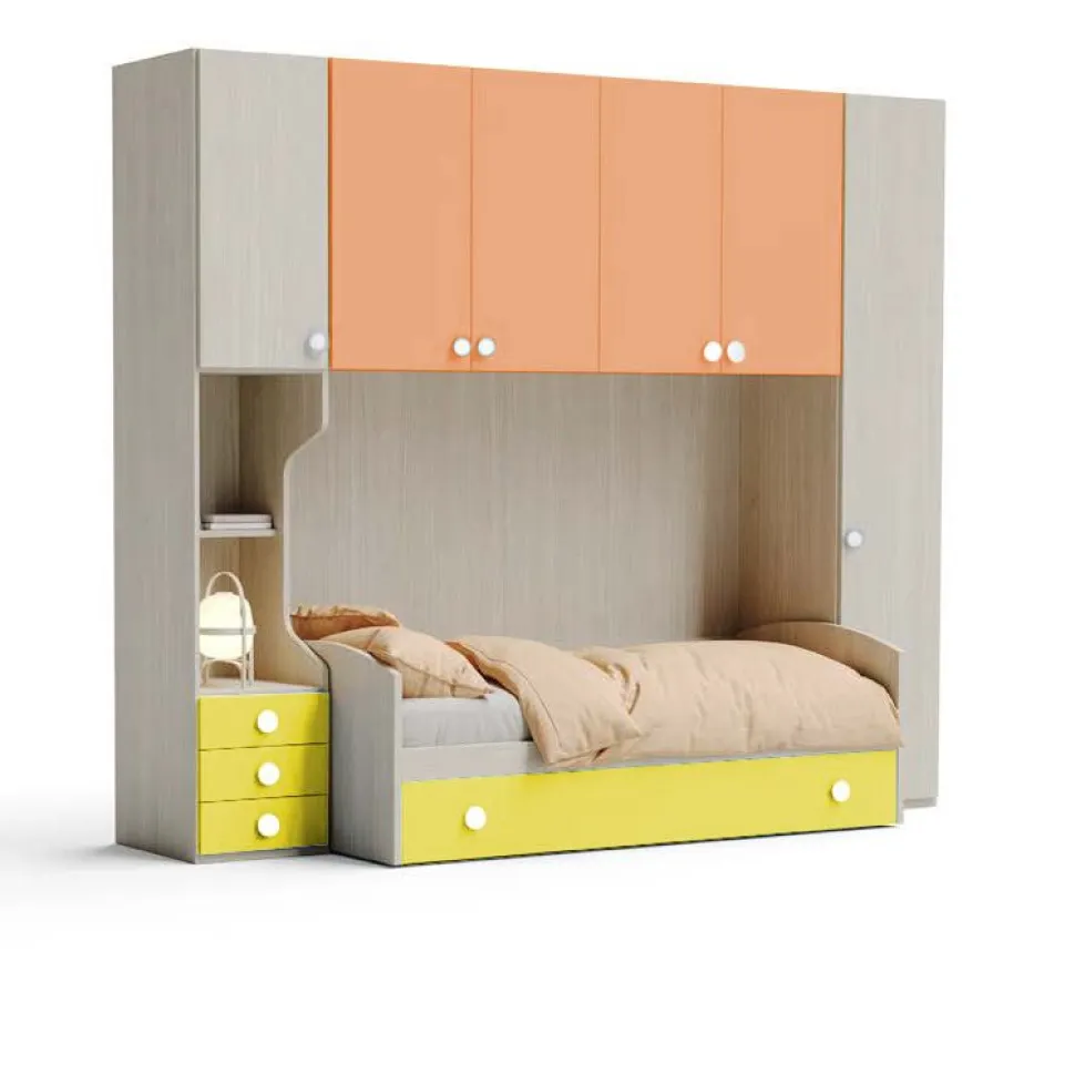 Cameretta a ponte Tully linea Fly in finitura Cenere Wood, Albicocca e Giallo