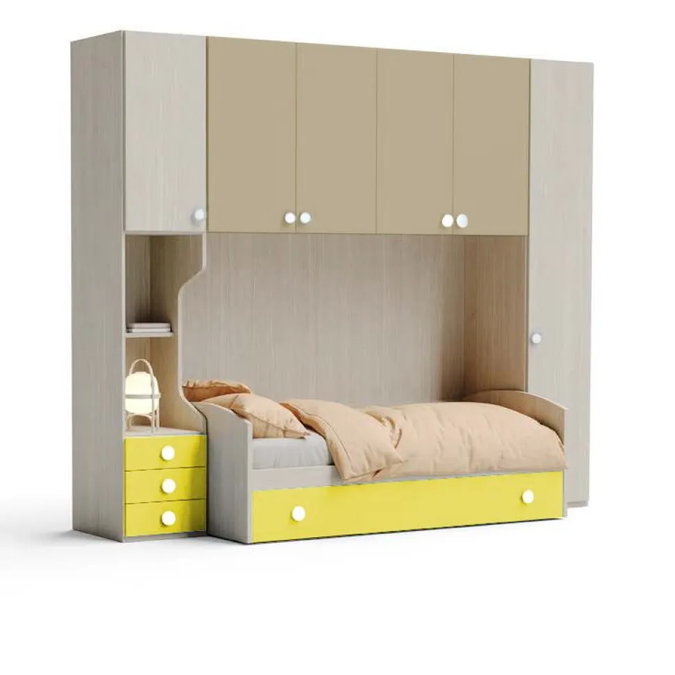 Cameretta a ponte Tully linea Fly in finitura Cenere Wood, Albicocca e Giallo