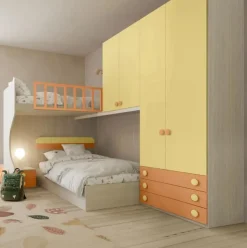 Cameretta a soppalco angolare Cristian linea Fly finitura Cenere Wood, Giallo e Albicocca