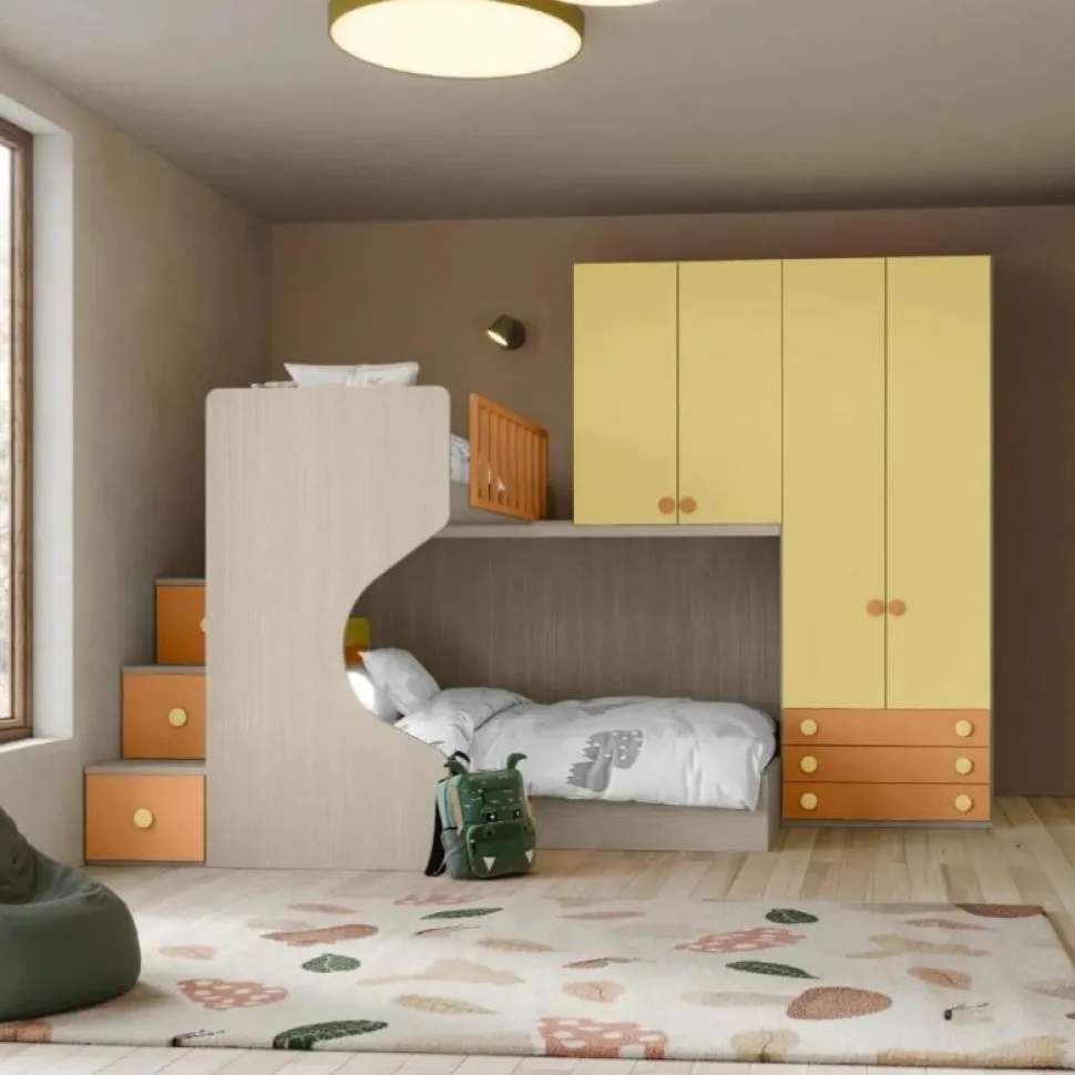 Cameretta a soppalco angolare Cristian linea Fly finitura Cenere Wood, Giallo e Albicocca