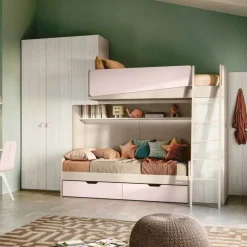 Cameretta a soppalco con letto a castello Bianco altea, Orzo e Rosa confetto disponibile in 2 misure