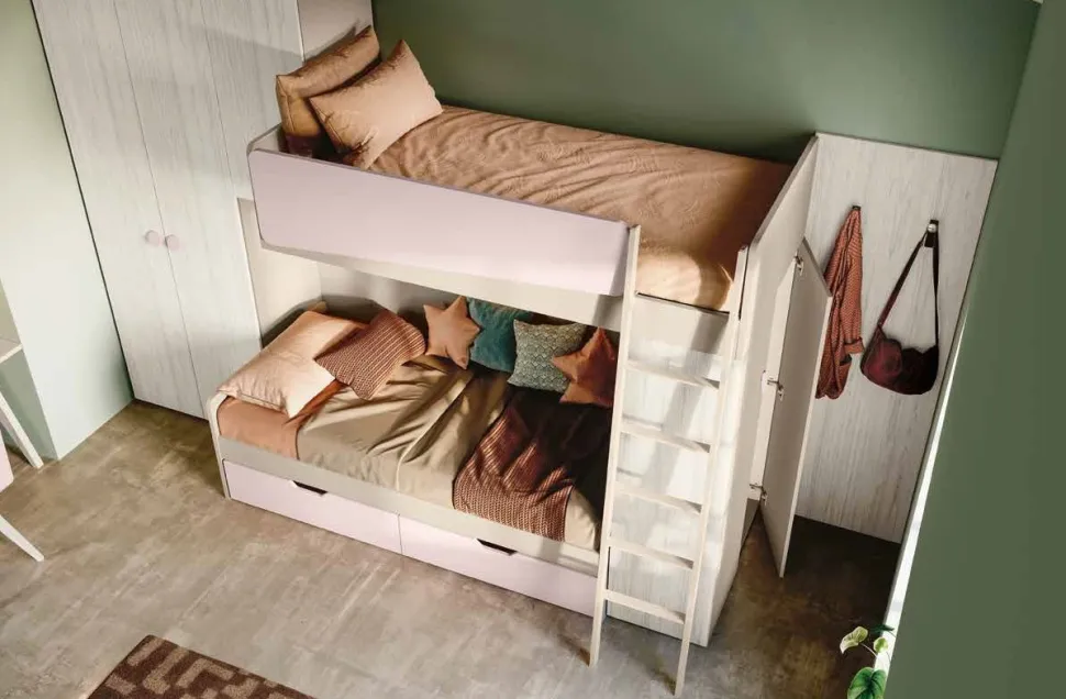 Cameretta a soppalco con letto a castello Bianco altea, Orzo e Rosa confetto disponibile in 2 misure