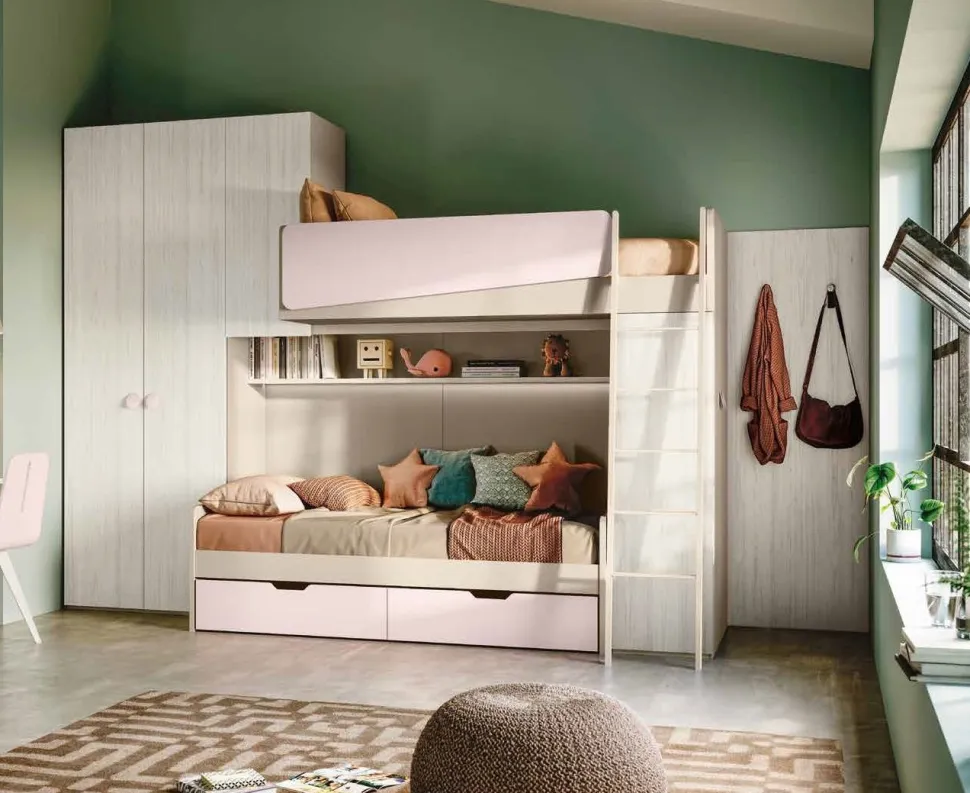Cameretta a soppalco con letto a castello Bianco altea, Orzo e Rosa confetto disponibile in 2 misure