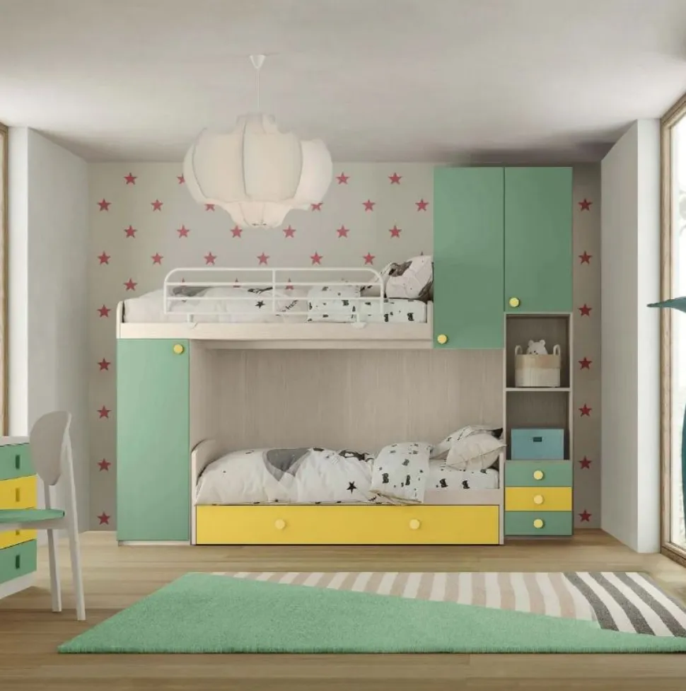 Cameretta a soppalco Enea linea Fly finitura Cenere Wood, Salvia e Giallo