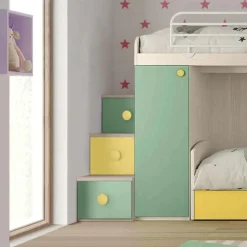 Cameretta a soppalco Enea linea Fly finitura Cenere Wood, Salvia e Giallo