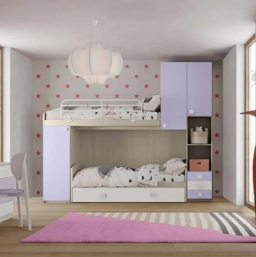 Cameretta a soppalco Enea linea Fly finitura Cenere Wood e Malva