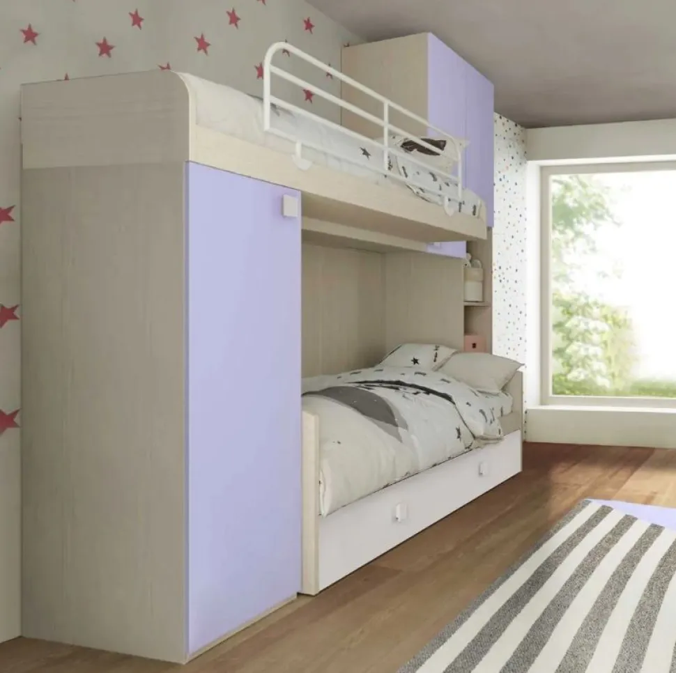Cameretta a soppalco Enea linea Fly finitura Cenere Wood e Malva