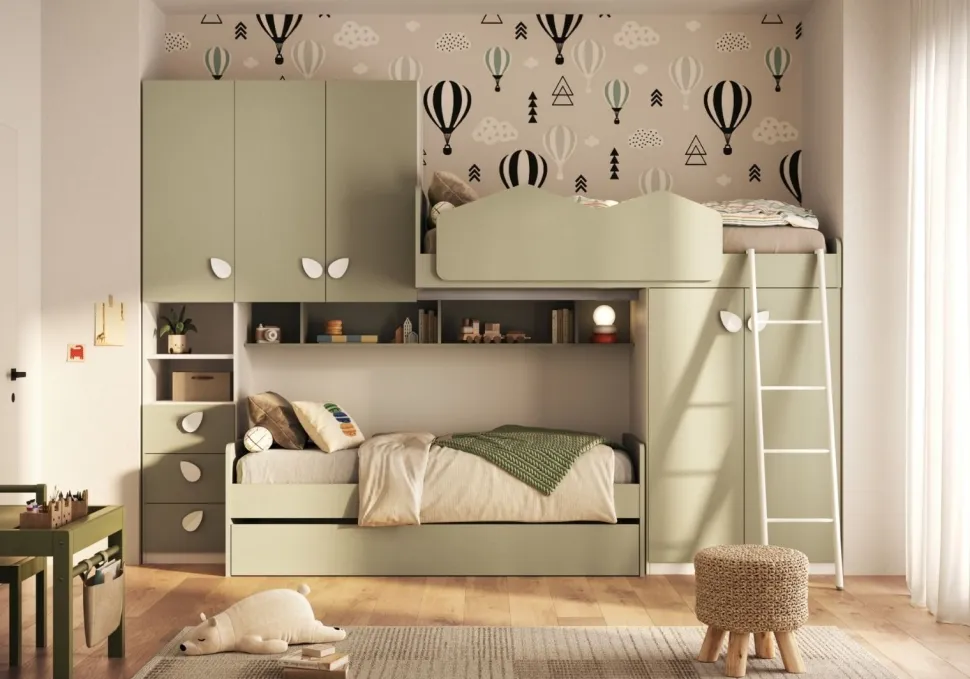Cameretta a soppalco multifunzione con Divano Letto e rete estraibile serie Color Line disponibile in vari colori