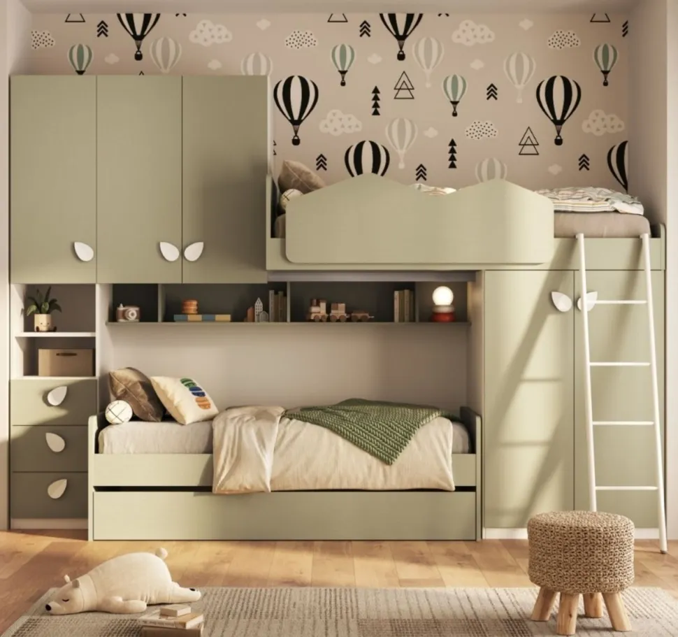 Cameretta a soppalco multifunzione con Divano Letto e rete estraibile serie Color Line disponibile in vari colori
