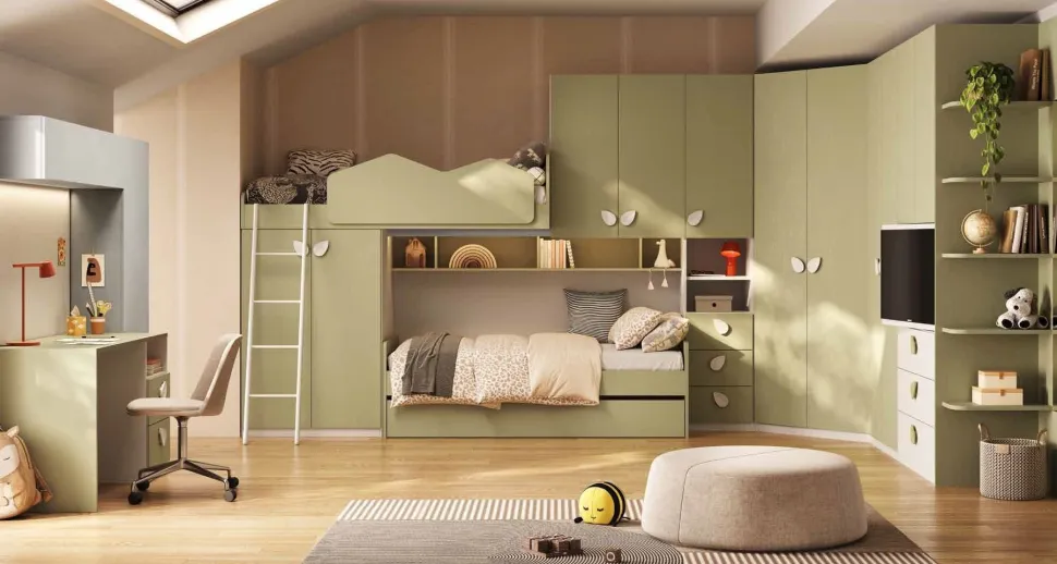 Cameretta a soppalco multifunzione con Divano Letto e rete estraibile serie Color Line disponibile in vari colori
