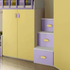 Cameretta a soppalco Paride linea Fly finitura Cenere Wood, Giallo e Malva