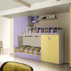 Cameretta a soppalco Paride linea Fly finitura Cenere Wood, Giallo e Malva