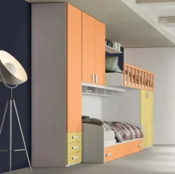 Cameretta a soppalco Paride linea Fly finitura Nuvola Frassino, Giallo e Albicocca