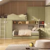 Cameretta completa angolare con Letto a Castello e Armadio con Vano TV Integrato Bianco opaco e Verde Pistacchio