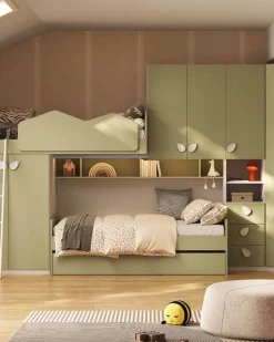 Cameretta completa angolare con Letto a Castello e Armadio con Vano TV Integrato Bianco opaco e Verde Pistacchio
