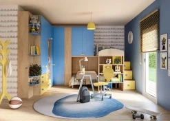 Cameretta completa a soppalco Memo linea Colorfull finitura Rovere Nodato , Giallo e Avio