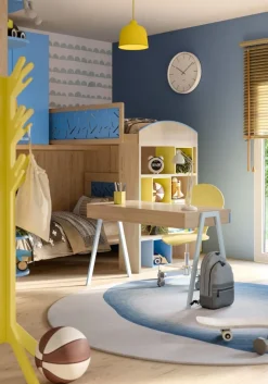 Cameretta completa a soppalco Memo linea Colorfull finitura Rovere Nodato , Giallo e Avio