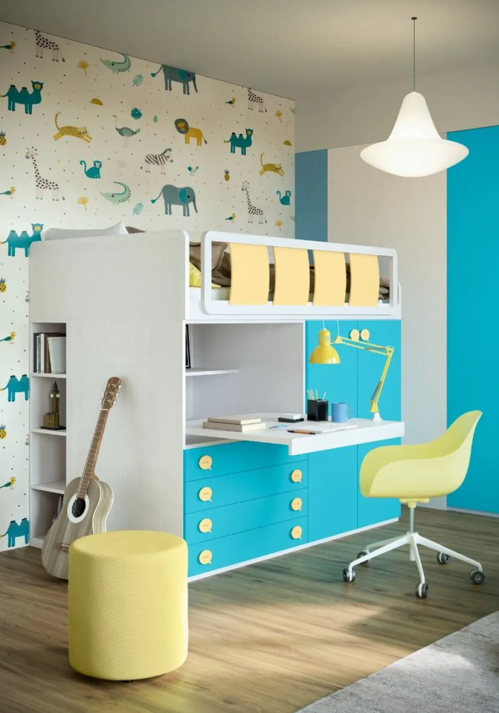Cameretta completa Celio linea Colorfull finitura Nuvola Frassino, Ciano e Zafferano