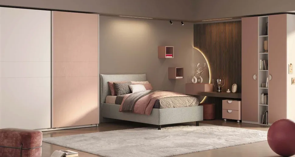 Cameretta completa con Armadio Scorrevole, Battente e Libreria Bianco Opaco e Rosa Flamingo
