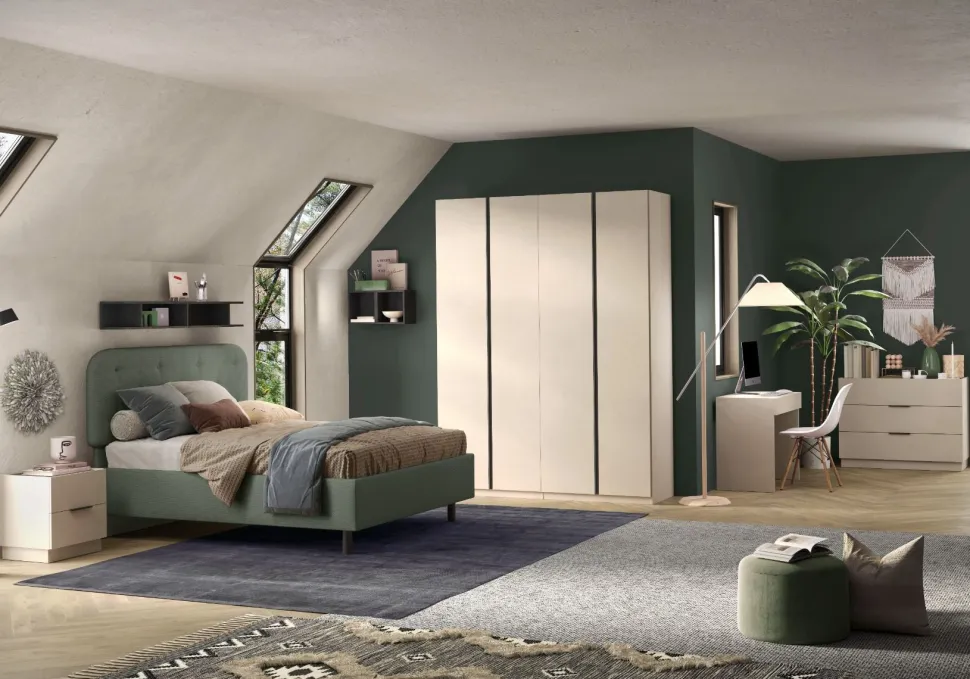 Cameretta completa con armadio battente Debora in finitura Cashmere e Antracite