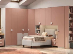 Cameretta completa con ponte angolare e Cabina armadio Bianco Opaco e Rosa Flamingo
