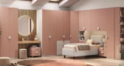 Cameretta completa con ponte angolare e Cabina armadio Bianco Opaco e Rosa Flamingo