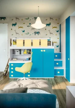 Cameretta completa doppia Bani linea Colorfull finitura Nuvola Frassino, Ciano e Zafferano