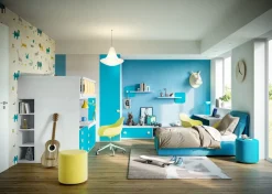 Cameretta completa doppia Bani linea Colorfull finitura Nuvola Frassino, Ciano e Zafferano