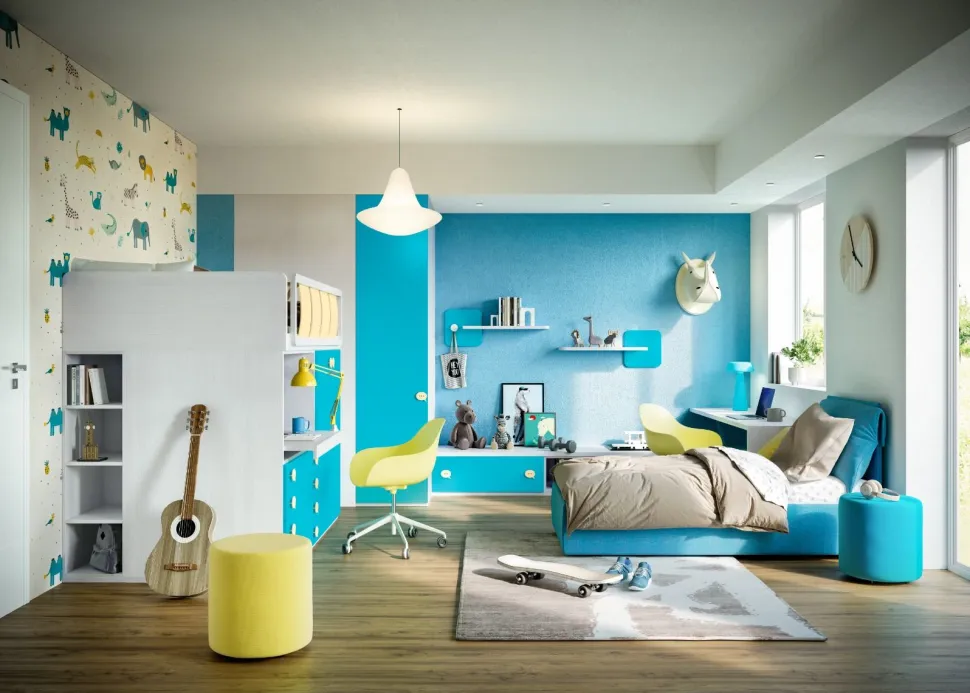Cameretta completa doppia Bani linea Colorfull finitura Nuvola Frassino, Ciano e Zafferano