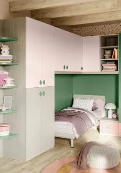 Cameretta completa doppia Renton linea Colorfull finitura Cenere Wood, Salvia ,Princess e Rosantico