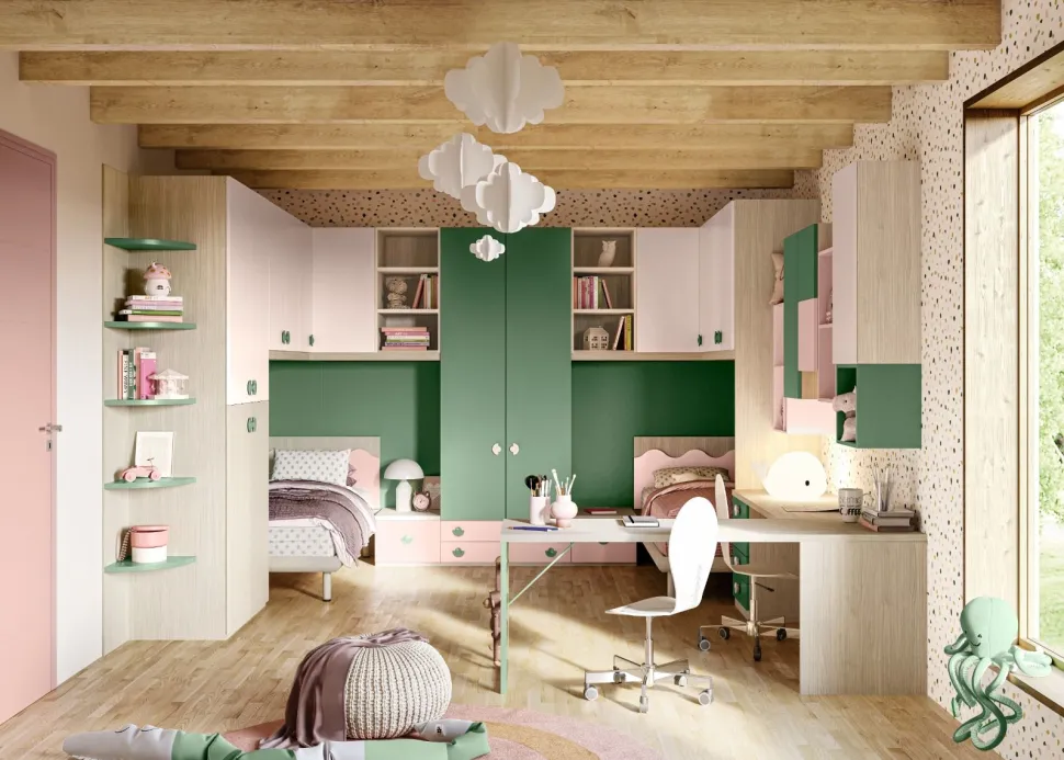 Cameretta completa doppia Renton linea Colorfull finitura Cenere Wood, Salvia ,Princess e Rosantico