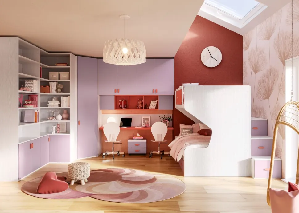 Cameretta completa Piku linea Colorfull finitura Nuvola Frassino, Coral e Quarzo
